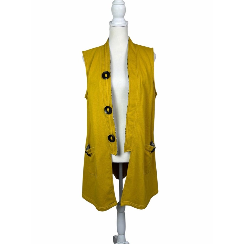 Design Mustard Yellow Open Front Vest Sleeveless Duster Cardigan Women’s Medium